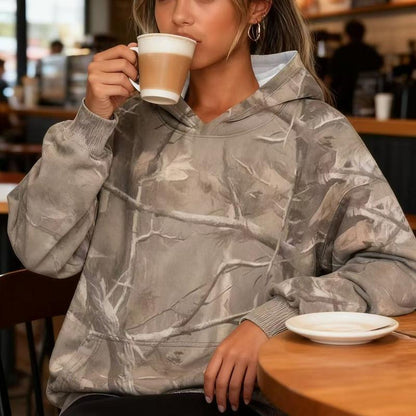 Women'S Camouflage Hooded Sweatshirt with Maple Leaf Print Super Large Cap Wool Pullover Long Sleeved with Pockets Easy to Wear Stylish