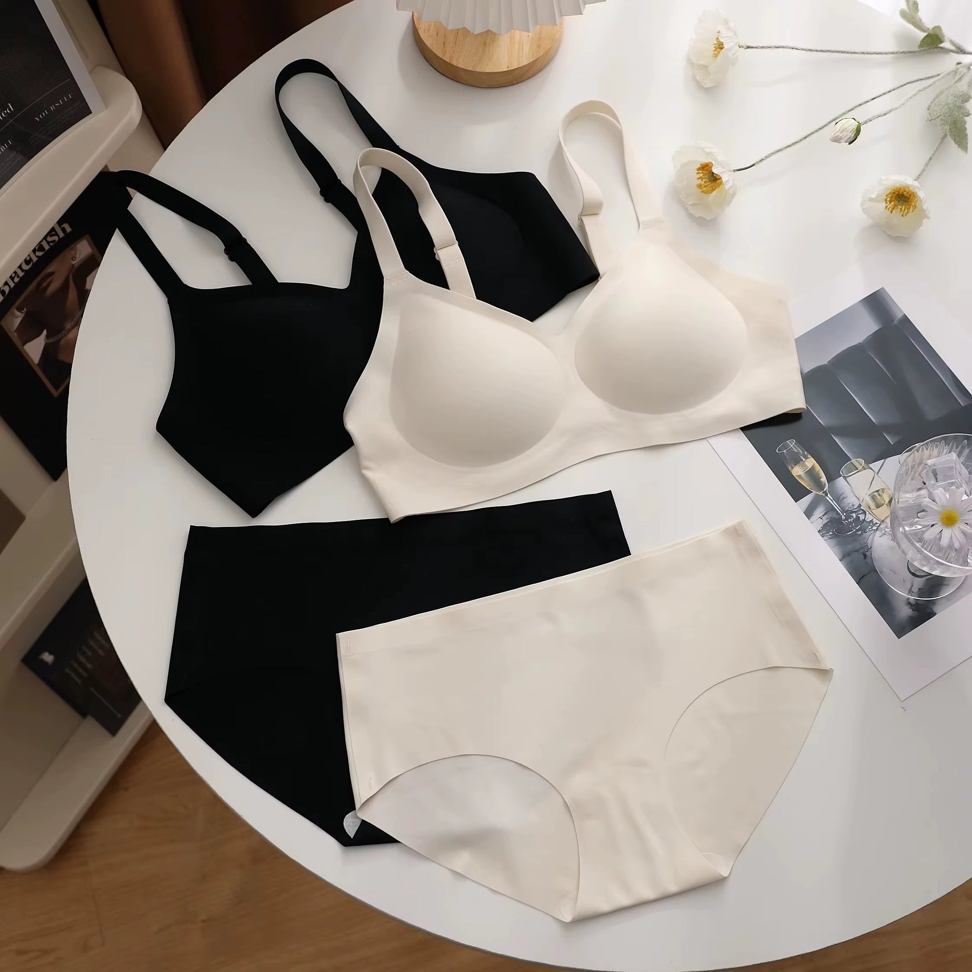 Full Cup Women'S Thin Soft Bra Set Large Size V-Neck 3D Jelly Strip Push-Up Seamless Bra Bralette Bra Set for Women