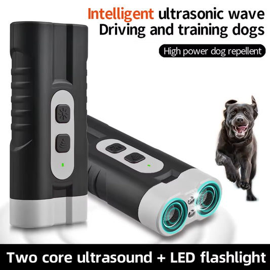 New Two Core Ultrasonic Dog Bark Deterrent Devices Portable Handheld 3 Modes Dog Trainer Anti-Barking Device with LED Flashlight
