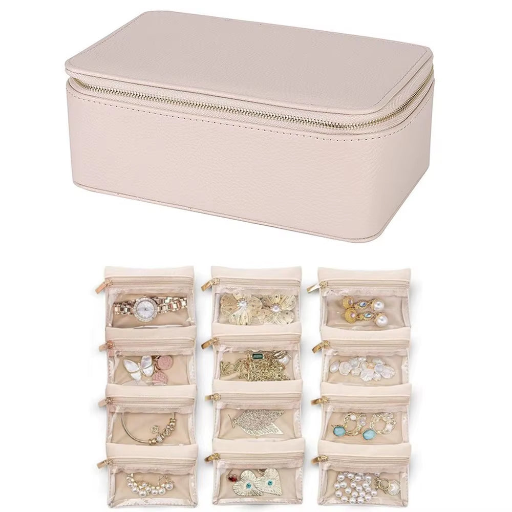 Portable Travel Jewelry Box Large Capacity PU Leather Jewelry Case with 6/12Pcs Small Pouches Jewelry Storage Box
