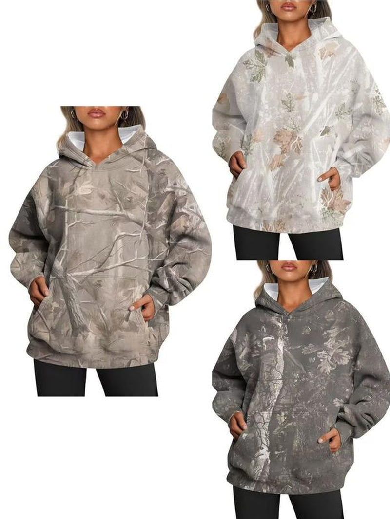 Women'S Camouflage Hooded Sweatshirt with Maple Leaf Print Super Large Cap Wool Pullover Long Sleeved with Pockets Easy to Wear Stylish