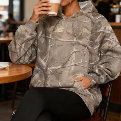 Women'S Camouflage Hooded Sweatshirt with Maple Leaf Print Super Large Cap Wool Pullover Long Sleeved with Pockets Easy to Wear Stylish