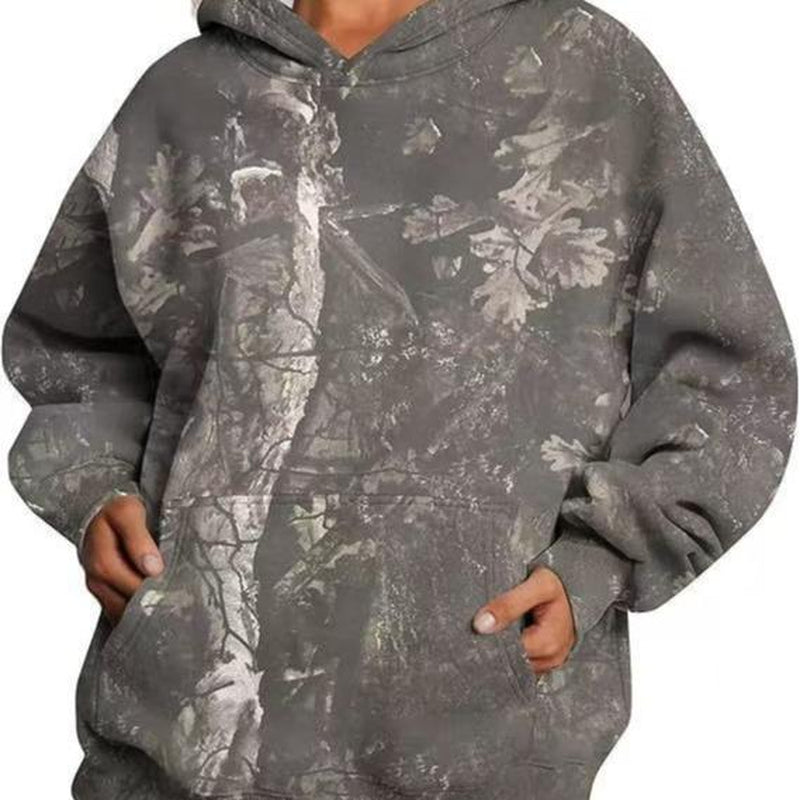 Women'S Camouflage Hooded Sweatshirt with Maple Leaf Print Super Large Cap Wool Pullover Long Sleeved with Pockets Easy to Wear Stylish