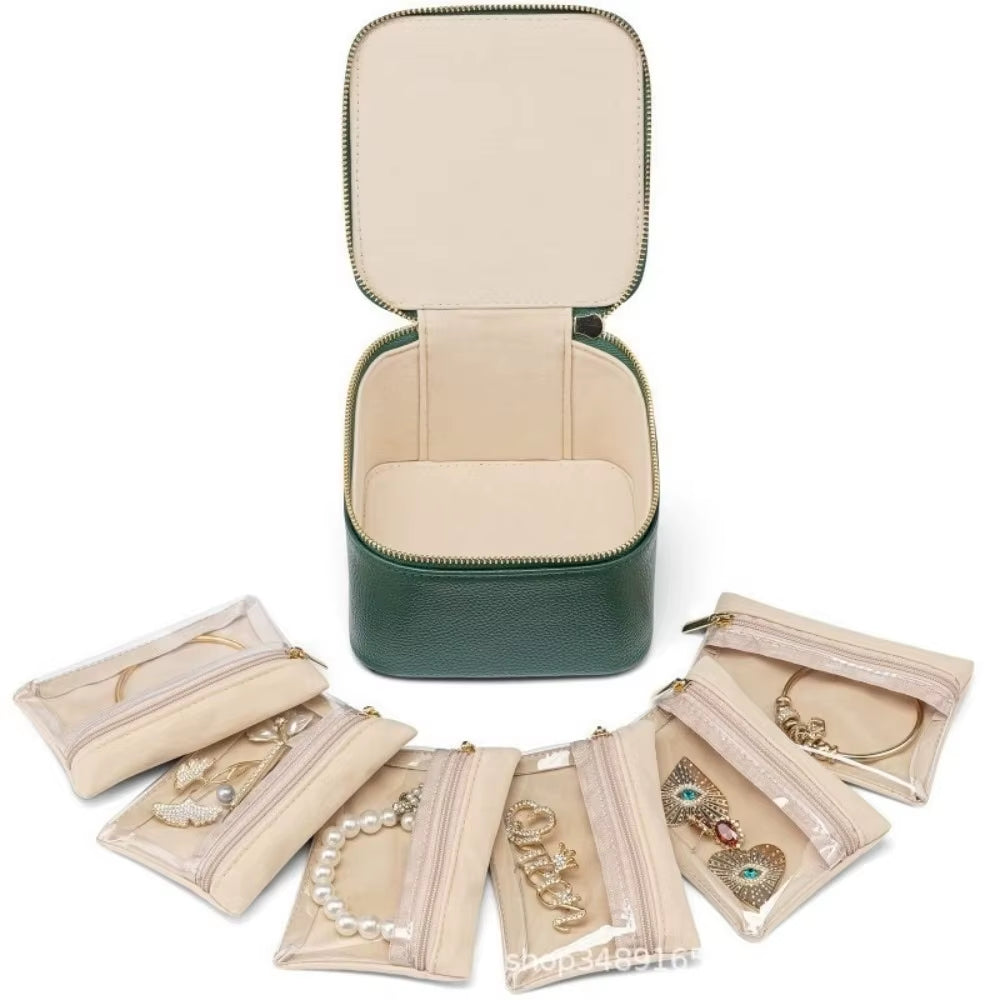Portable Travel Jewelry Box Large Capacity PU Leather Jewelry Case with 6/12Pcs Small Pouches Jewelry Storage Box