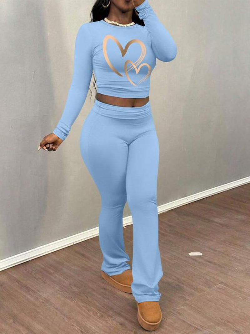 Women'S Heart Print Long Sleeve Crop Tee & Flare Leg Pants Two-Piece Set, Casual Fashion round Neck Top & Bell Bottom Trousers for Daily Outdoor Wear, Women'S Clothing for Fall & Winter