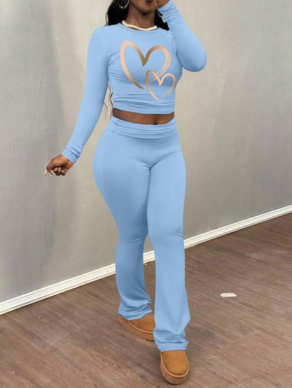 Women'S Heart Print Long Sleeve Crop Tee & Flare Leg Pants Two-Piece Set, Casual Fashion round Neck Top & Bell Bottom Trousers for Daily Outdoor Wear, Women'S Clothing for Fall & Winter