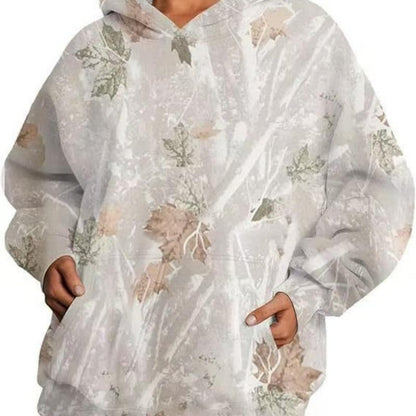 Women'S Camouflage Hooded Sweatshirt with Maple Leaf Print Super Large Cap Wool Pullover Long Sleeved with Pockets Easy to Wear Stylish