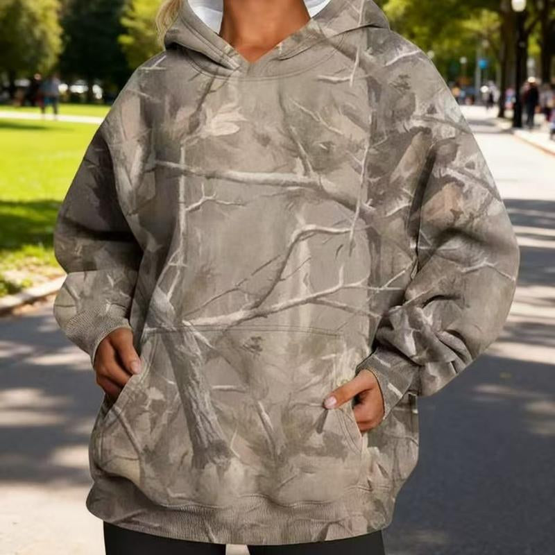 Women'S Camouflage Hooded Sweatshirt with Maple Leaf Print Super Large Cap Wool Pullover Long Sleeved with Pockets Easy to Wear Stylish