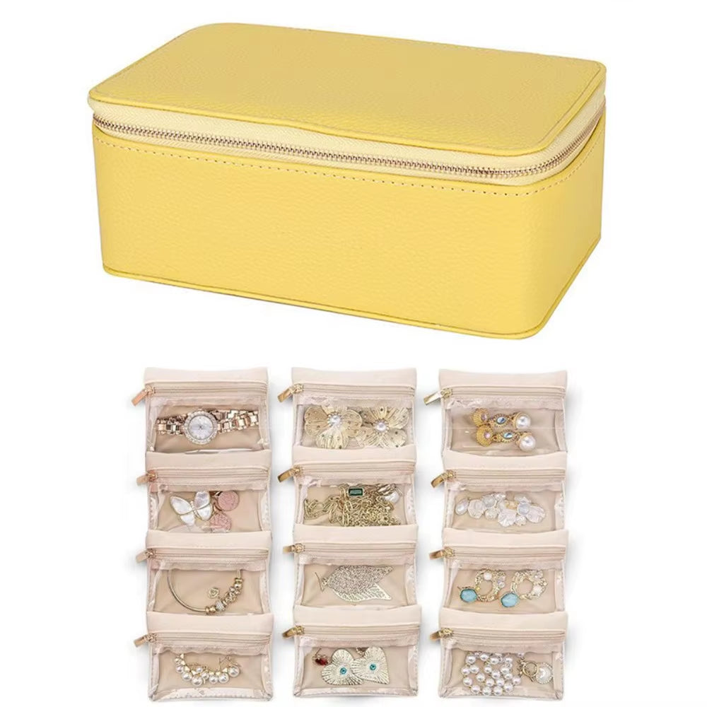 Portable Travel Jewelry Box Large Capacity PU Leather Jewelry Case with 6/12Pcs Small Pouches Jewelry Storage Box