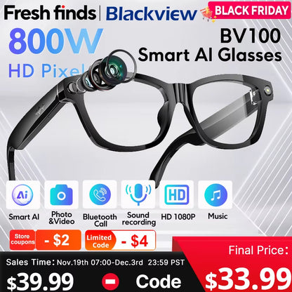 NEW  BV100 AI Shooting Glasses 2K HD 800W Pixels Camera Bluetooth Call Voice Assistant Smart Glasses