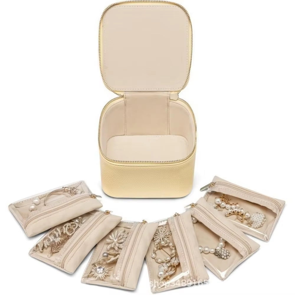 Portable Travel Jewelry Box Large Capacity PU Leather Jewelry Case with 6/12Pcs Small Pouches Jewelry Storage Box