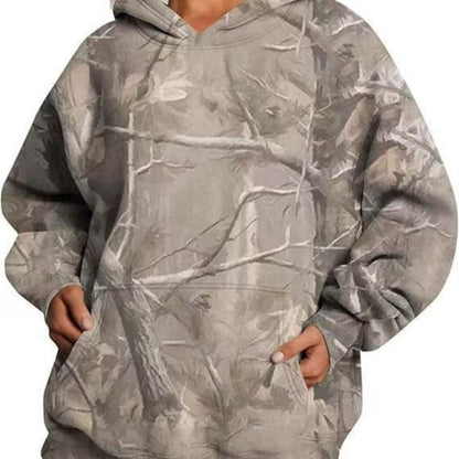 Women'S Camouflage Hooded Sweatshirt with Maple Leaf Print Super Large Cap Wool Pullover Long Sleeved with Pockets Easy to Wear Stylish
