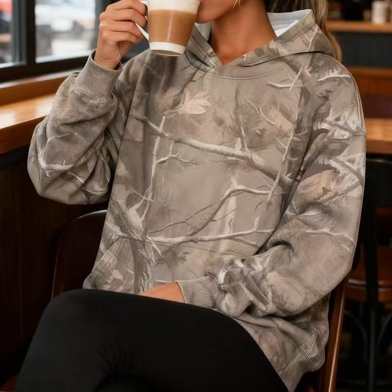 Women'S Camouflage Hooded Sweatshirt with Maple Leaf Print Super Large Cap Wool Pullover Long Sleeved with Pockets Easy to Wear Stylish