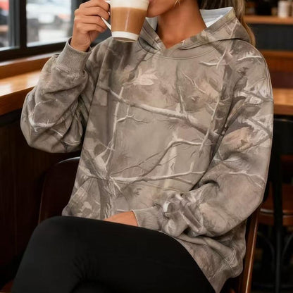 Women'S Camouflage Hooded Sweatshirt with Maple Leaf Print Super Large Cap Wool Pullover Long Sleeved with Pockets Easy to Wear Stylish