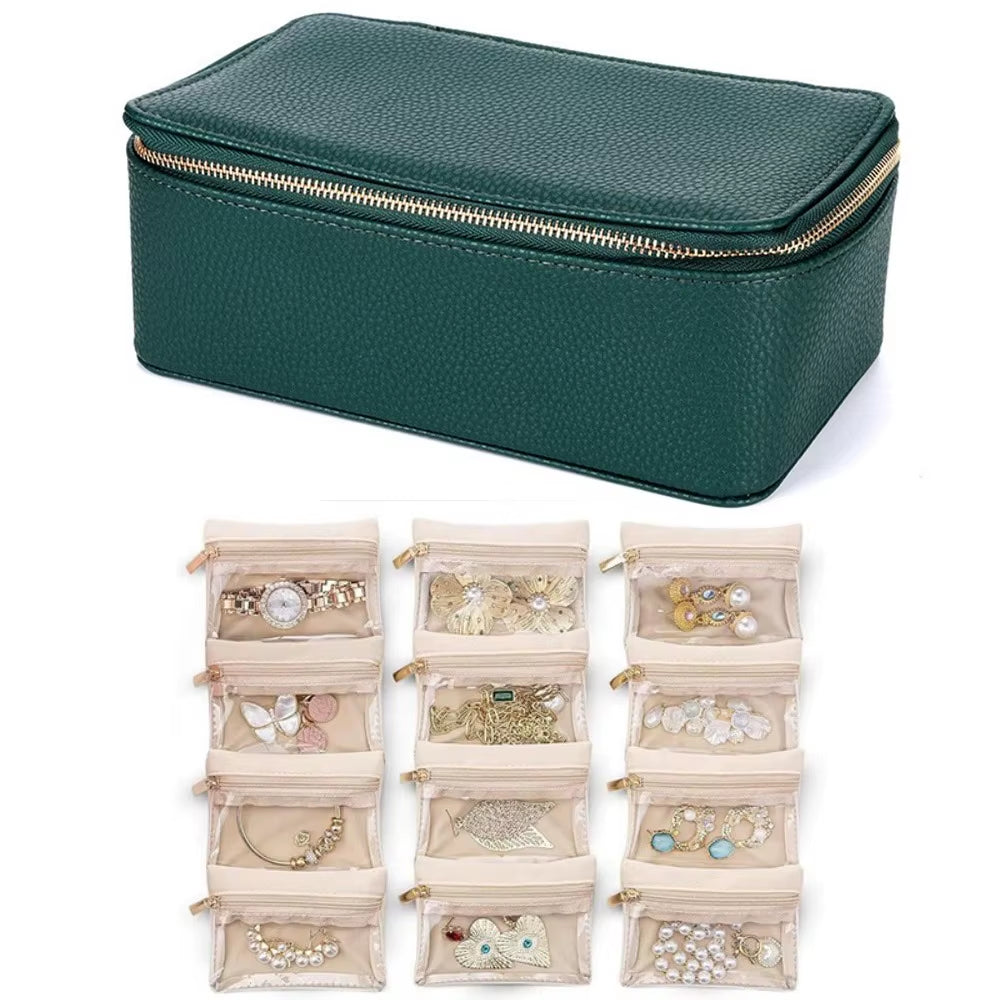 Portable Travel Jewelry Box Large Capacity PU Leather Jewelry Case with 6/12Pcs Small Pouches Jewelry Storage Box