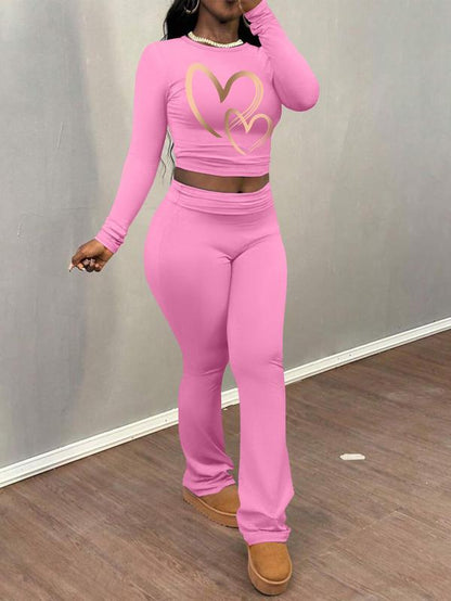 Women'S Heart Print Long Sleeve Crop Tee & Flare Leg Pants Two-Piece Set, Casual Fashion round Neck Top & Bell Bottom Trousers for Daily Outdoor Wear, Women'S Clothing for Fall & Winter